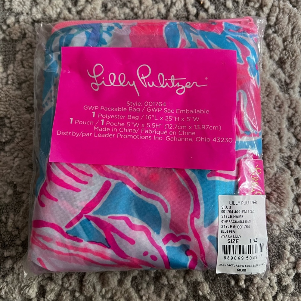NWT Lilly Pulitzer Blue Peri Viva La Lilly GWP Packable Bag